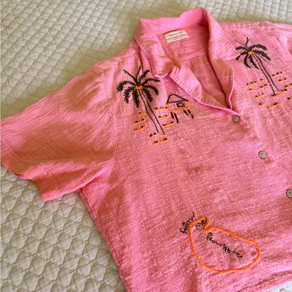 Urban Outfitters Bowie Holiday Embroidered Cropped Button-Up Top - Picture 3 of 5